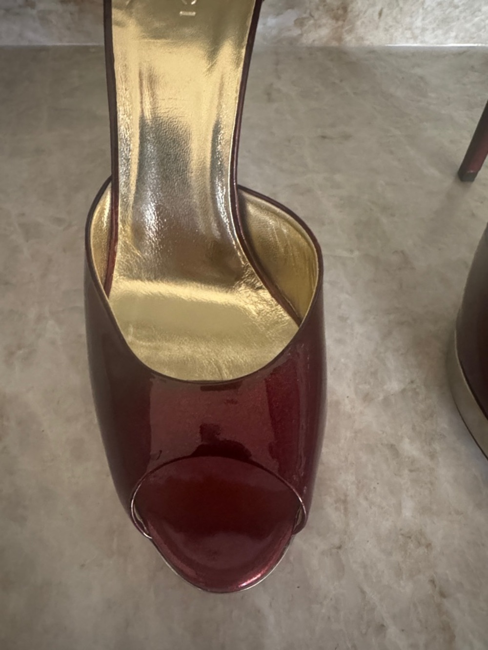 Gucci Women's Maroon Patent Leather Peep-Toe Ankle-Strap Heels - Picture 3 of 9